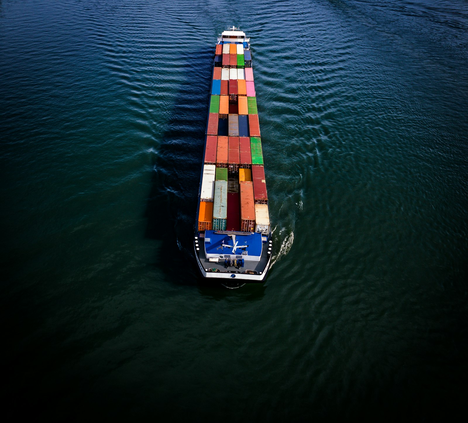 Container vessel underway, seen from above